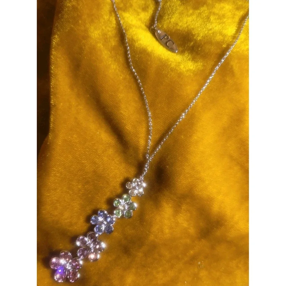 Silver Teardrop Five Flower Gems‎ Pendant Adjustable 19